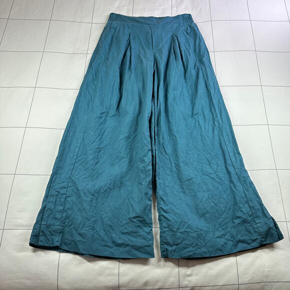 Athleta Pants Womens 2 Teal Playa Linen Wide Leg Crop Slit Relaxed Casual Resort - Picture 2 of 13